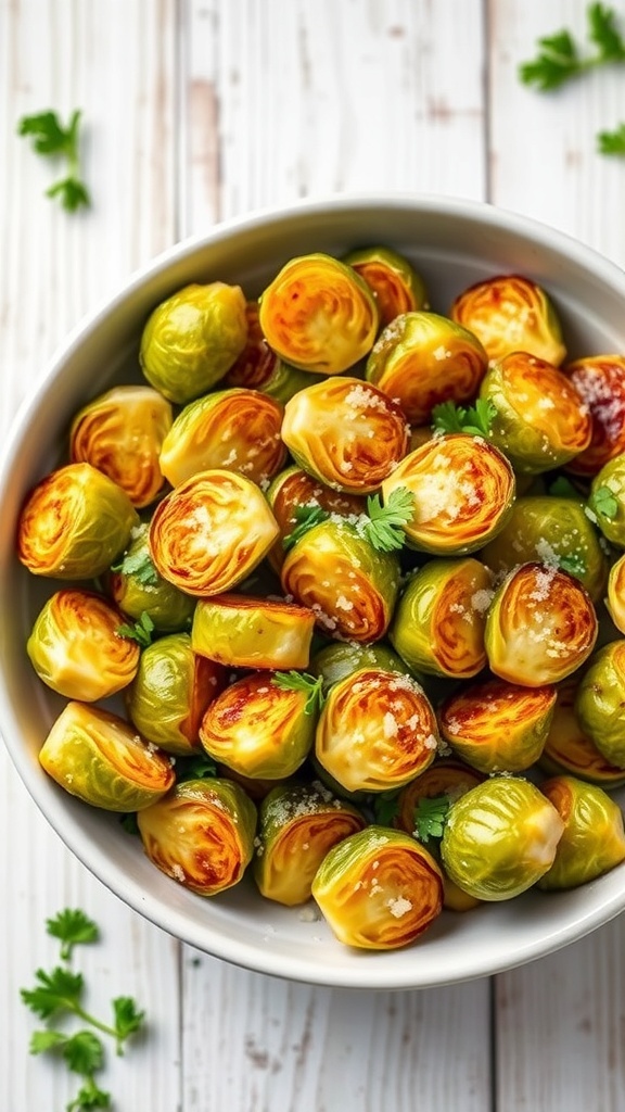 Crispy Air Fryer Brussels Sprouts with Truffle Oil Crispy Brussels sprouts with truffle oil and Parmesan on a wooden table.